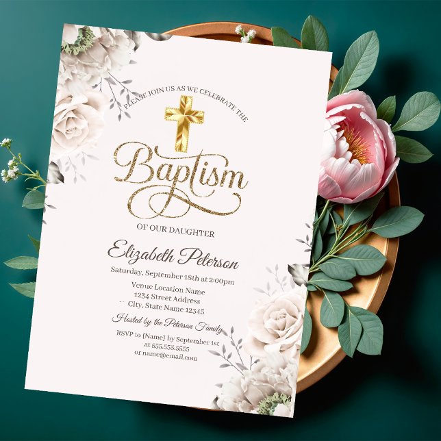 Eleganta Guld Kors Rosor Rosa Dop Inbjudningar (Skapare uppladdad)