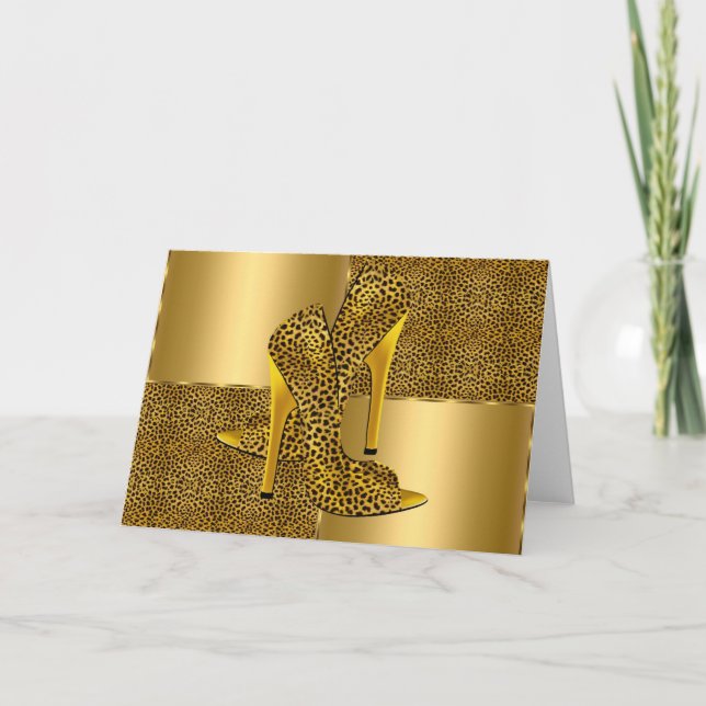 Eleganta Guld Leopard Höga Klackar Skor Djur Kort (Framsida)