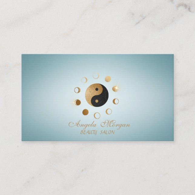 Eleganta Guld månar Ying Yang Blå Visitkort (Framsida)
