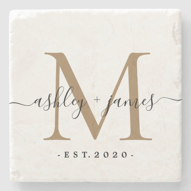 Eleganta Guld Monogram Bokstavs Namn Bröllopsdatum Stenunderlägg (Framsidan)