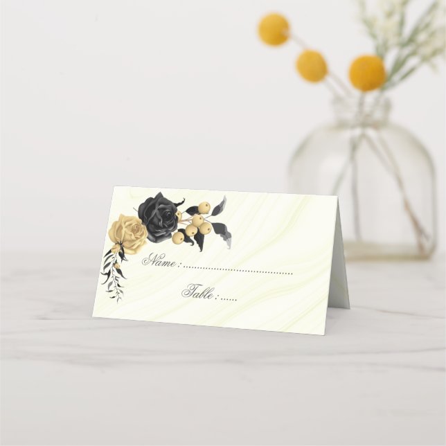 eleganta guld- och svarta blommor placeringskort (Framsida)