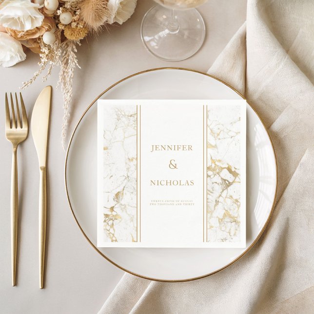 Eleganta guld- och vit marmorerade bröllopsservett pappersservett (Elegant Gold & White Marble Wedding Napkins)