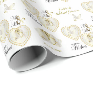 Eleganta guld- och vitduvabröllophjärtor presentpapper