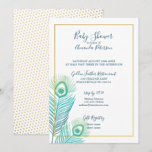 Eleganta Guld Påfågel Baby Shower Inbjudningar