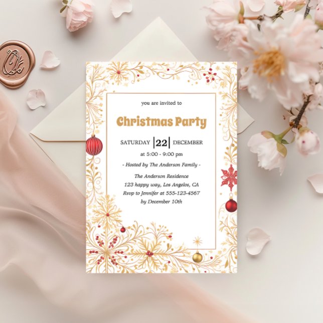 Eleganta Guld & Röda Ornament Julfest       Inbjudningar (Skapare uppladdad)