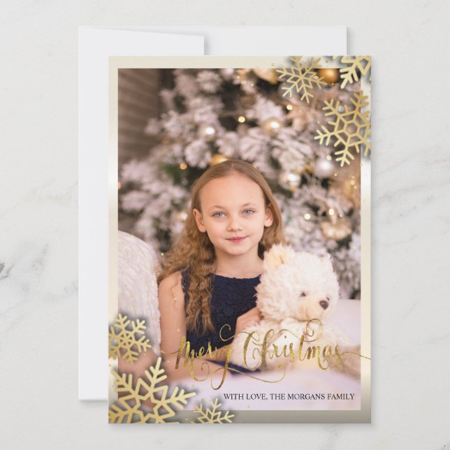 Eleganta Guld Snöflingor Foto God Jul (Framsida)