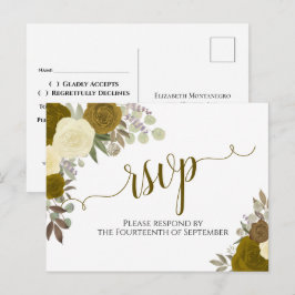 Eleganta Guld Watercolor Rosor Bröllop RSVP Vykort