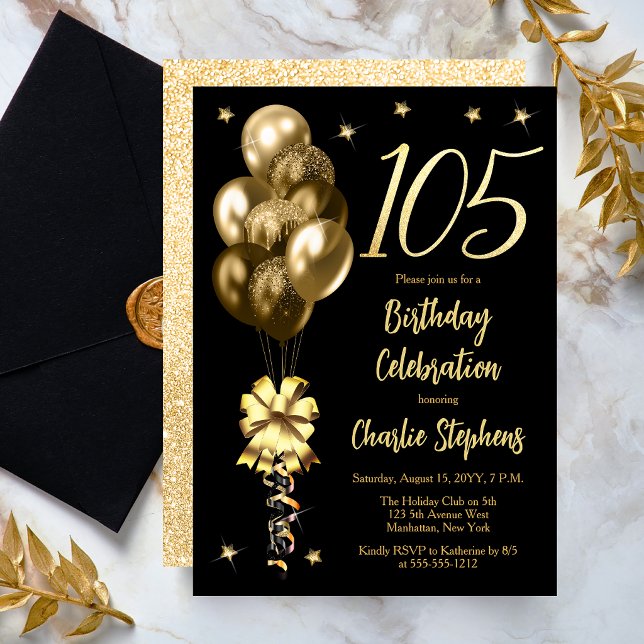 Eleganta guldbalonger på svart 105-födelsedagsfest inbjudningar (Elegant Gold-Toned Balloons on Black Dramatic 105th Birthday Invitation)