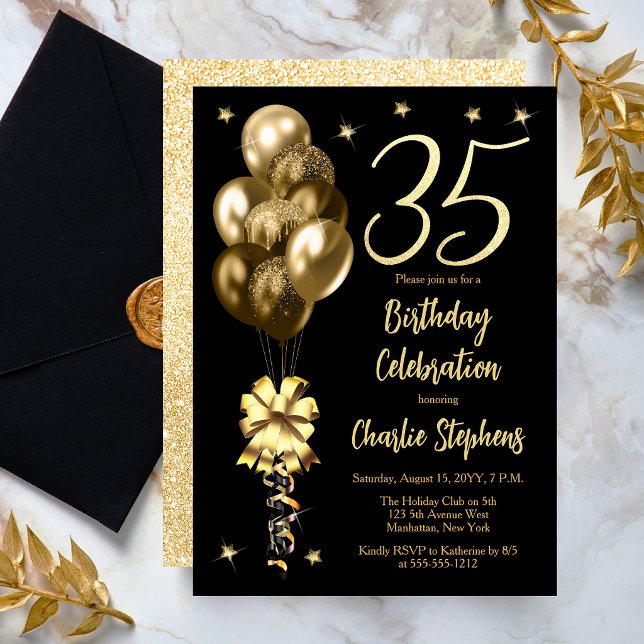 Eleganta guldbalonger på svart 35-årsfest inbjudningar (Elegant Gold-Toned Balloons on Black Dramatic 35th Birthday Invitation)