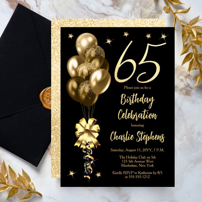 Eleganta guldbalonger på svart 65-årsfest inbjudningar (Elegant Gold-Toned Balloons on Black Dramatic 65th Birthday Invitation)