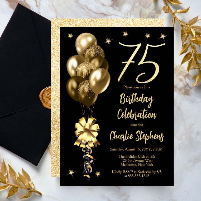 Eleganta guldbalonger på svart 75-årsfest inbjudningar (Elegant Gold-Toned Balloons on Black Dramatic 75th Birthday Invitation)