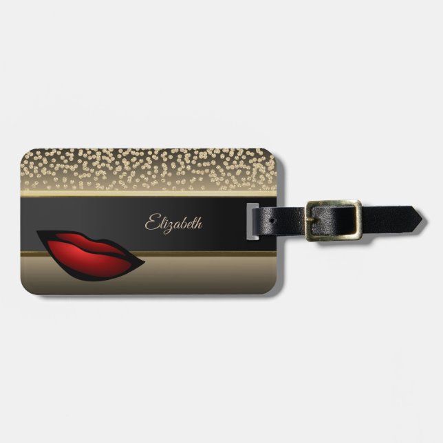 Eleganta gulddiamanter - röda läppar - personlig bagagebricka (Horisontell Framsida)