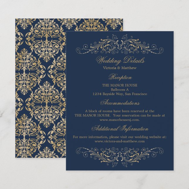Eleganta guldförgyllda damast Navy bröllopsdetalje Inbjudningar (Fram/baksida)