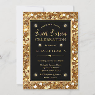 Eleganta Guldglitterstjärnor Sweet Sixteen Inbjudningar