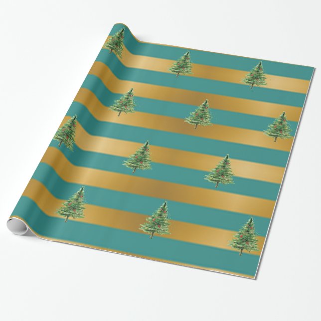 Eleganta guldgröna ränder, tallar, högtid presentpapper (Utrullad)