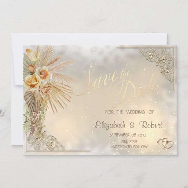 Eleganta  Guldhjärtan Boho Blommor Spara Datum Datumet (Framsida)