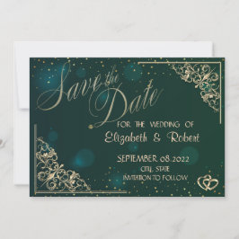 Eleganta Guldhjärtan Ram Grön Save The Date Spara Datumet