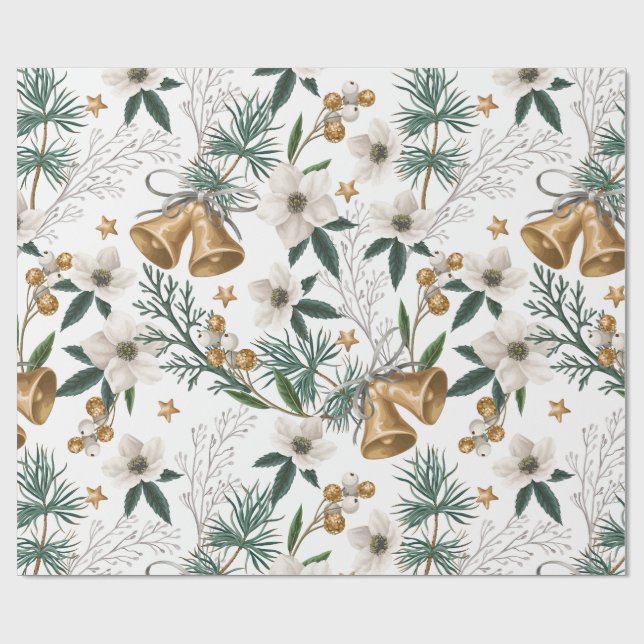 Eleganta guldklockor & vit vinterblommig mönster presentpapper (Platt)