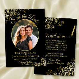 Eleganta Guldkrullar Oval Foto Svart Bröllop Spara Datumet