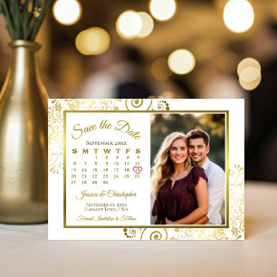 Eleganta guldlockar på vit kalender foto bröllop spara datumet