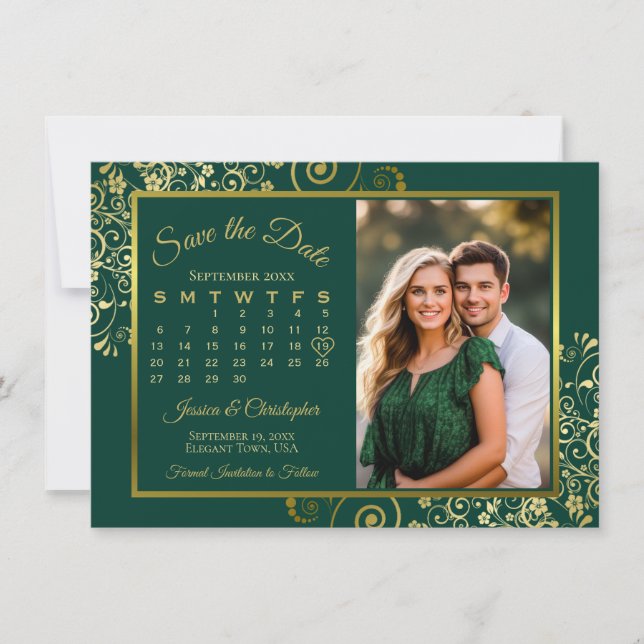 Eleganta Guldlockar Smaragd Kalender Foto Bröllop Spara Datumet (Framsida)