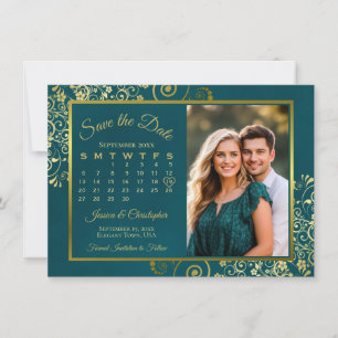 Eleganta Guldlockar Teal Kalender & Foto Bröllop Spara Datumet