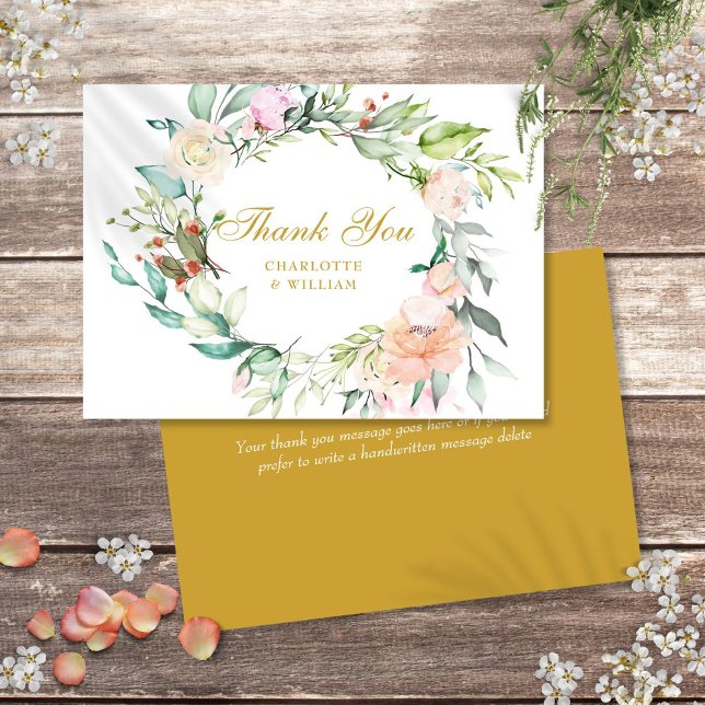 Eleganta guldmanuskript Tack rosor blomsterkrans Kort (Elegant Gold Script Thank You Roses Floral Garland)