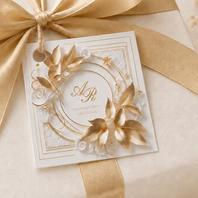 Eleganta Guldmonogram Bröllopspresenttaggar Gåvor Etiketter (elegant ivory gold botanical monogram wedding favor tag with custom names and wedding date)