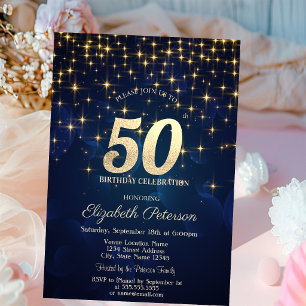 Eleganta Guldstjärnor Marinblå 50-årsfirande Inbjudningar