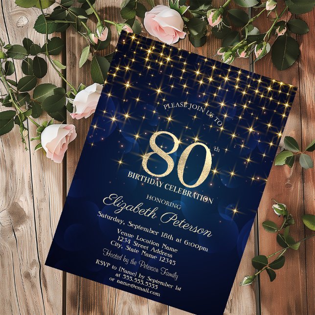 Eleganta Guldstjärnor Marinblå 80-årsfest Inbjudningar (Skapare uppladdad)
