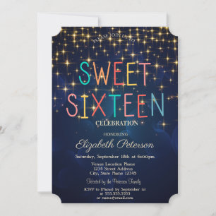 Eleganta Guldstjärnor  Marinblå Färgglad Sweet 16 Inbjudningar