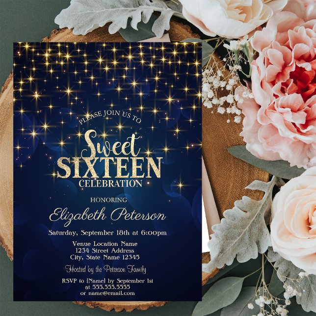 Eleganta Guldstjärnor  Marinblå Sweet 16 Inbjudningar (Skapare uppladdad)