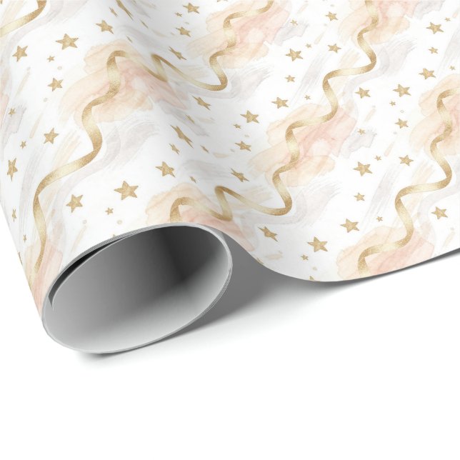 Eleganta guldstjärnor & rosensköljda akvareller  presentpapper (Rullad Hörn)