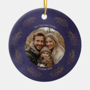 Eleganta Gyllene Grenar Familjefoto Jul Blå Julgransprydnad Keramik