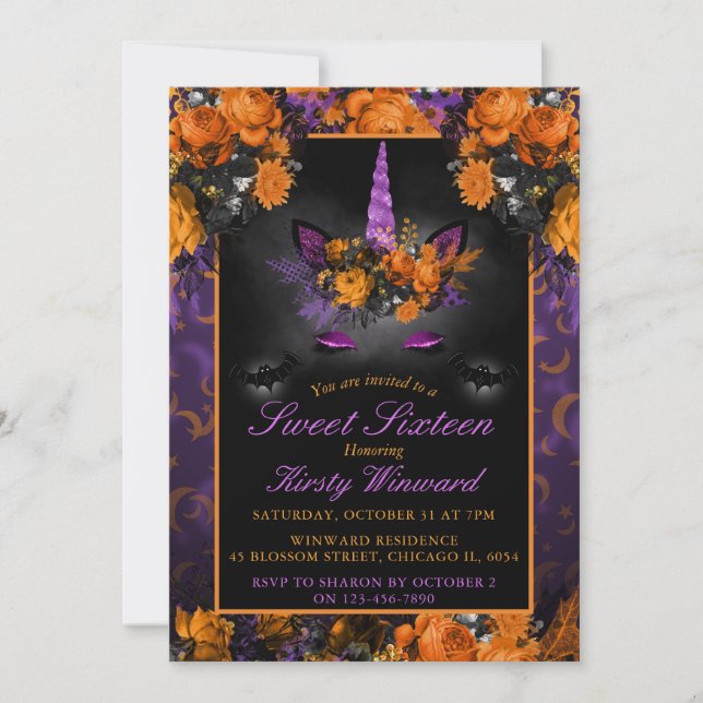 Eleganta Halloween blommor Enhörning Sweet 16 Inbjudningar (Framsida)