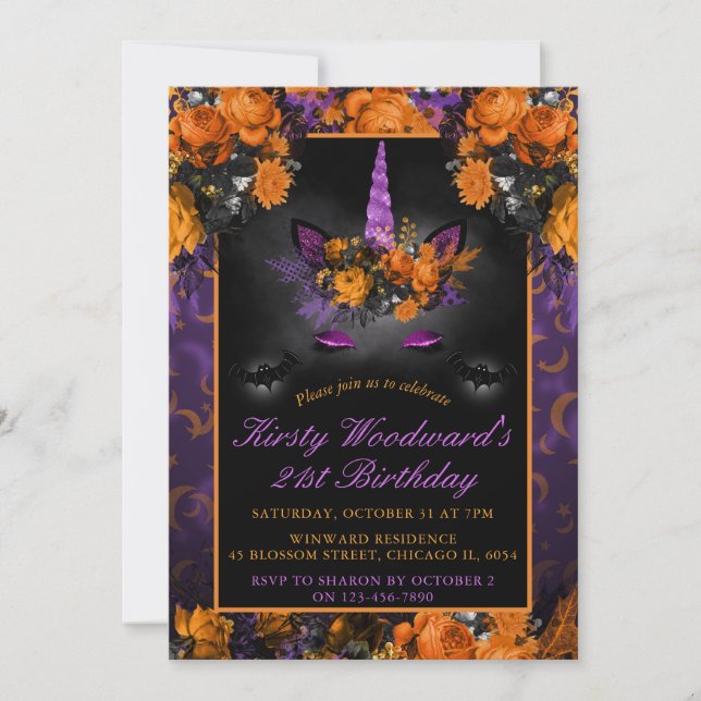 Eleganta Halloweenblommor Enhörning Födelsedag Inbjudningar (Framsida)