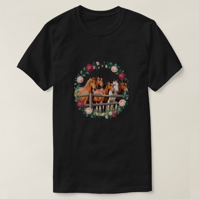 Eleganta hästar i blomsterkranskonst  t shirt (Design framsida)