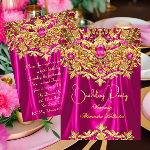 Eleganta heta rosa ädelstenar Guldspets Damask Föd Inbjudningar