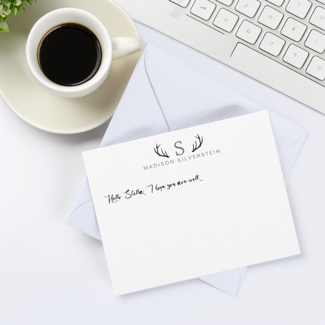Eleganta hjorthorn Grå monogram Anteckningskort (Classy Deer Antlers Gray Monogram Note Card)