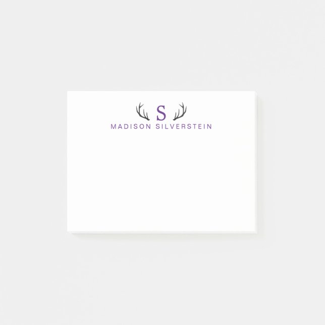 Eleganta hjorthorn lila monogram post-it block (Framsida)
