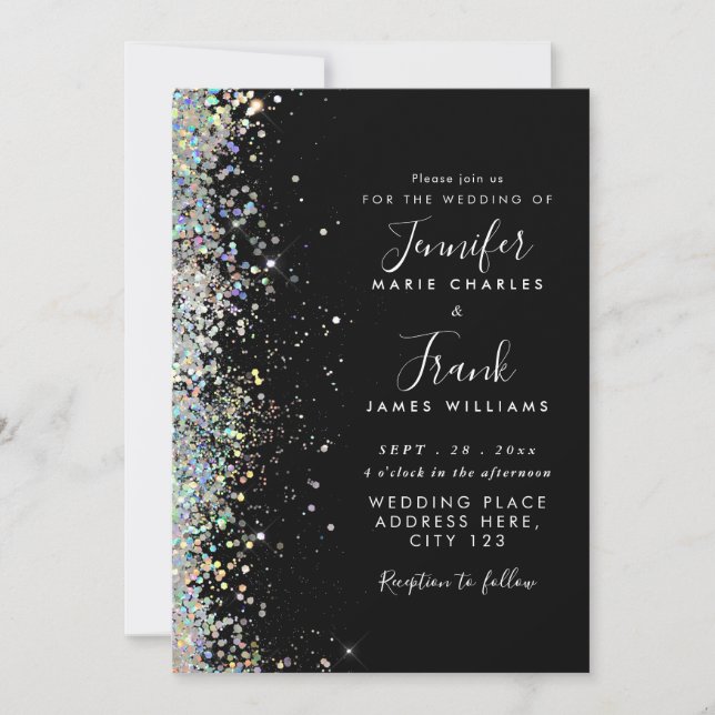 Eleganta holografiska glittergnistrar svart bröllo inbjudningar (Framsida)