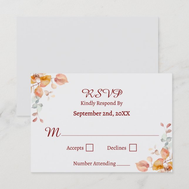 Eleganta höstfärger Fallande löv Bröllop RSVP OSA Kort (Fram/baksida)