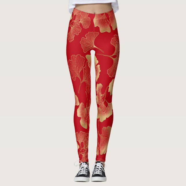 Eleganta höstginkgo blad guldmönster leggings (Framsida)