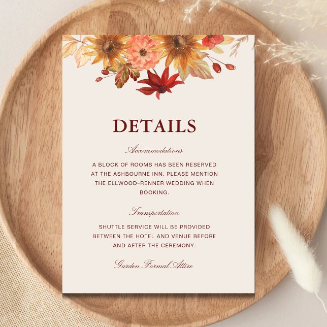 Eleganta höstlöv Bröllopsdetaljer Tilläggskort (Elegant fall leaves autumn wedding details enclosure card with warm autumn charm.)