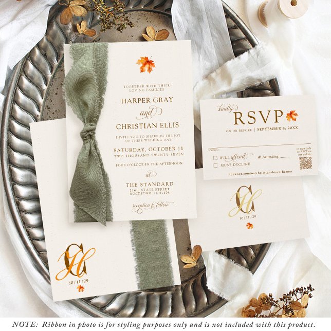 Eleganta höstlöv Rustik band Bröllop Inbjudningar (Elegant ivory rust orange brown watercolor fall maple leaf simple modern Autumn wedding invitation)