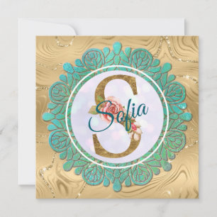 Eleganta initialbokstäver i guld med monogram och inbjudningar