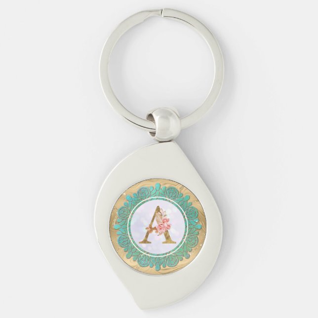 Eleganta initialbokstäver med monogram och mandala swirl silverfärgad nyckelring (Framsidan)