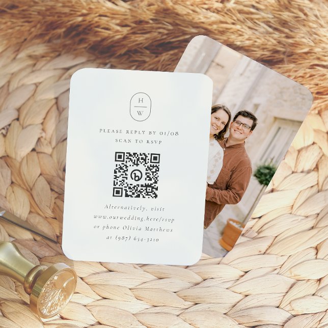 Eleganta initialer Foto QR-kod Bröllop RSVP Tilläggskort (Card Front & Back Mock-up)