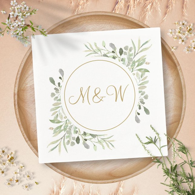 Eleganta initialer i guldskrift monogram med gröns pappersservett (Elegant Gold Script Monogram Initials Greenery Napkins)