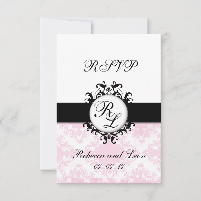 Eleganta initialer Rosa damast Bröllop RSVP-kort OSA Kort (Framsida)